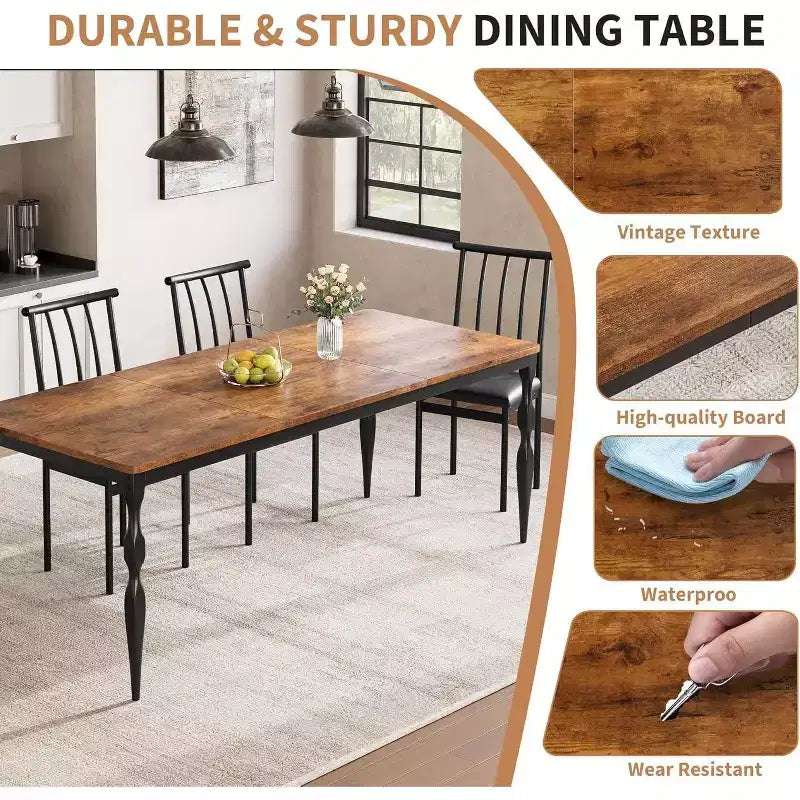 Table à manger rectangulaire rustique de 200 cm pour 6 à 8 personnes, plateau effet bois avec pieds en métal robustes, facile à nettoyer