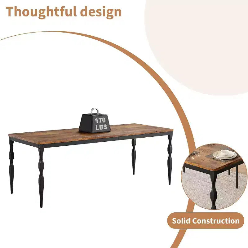 Table à manger rectangulaire rustique de 200 cm pour 6 à 8 personnes, plateau effet bois avec pieds en métal robustes, facile à nettoyer