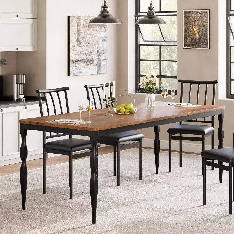 Table à manger rectangulaire rustique de 200 cm pour 6 à 8 personnes, plateau effet bois avec pieds en métal robustes, facile à nettoyer