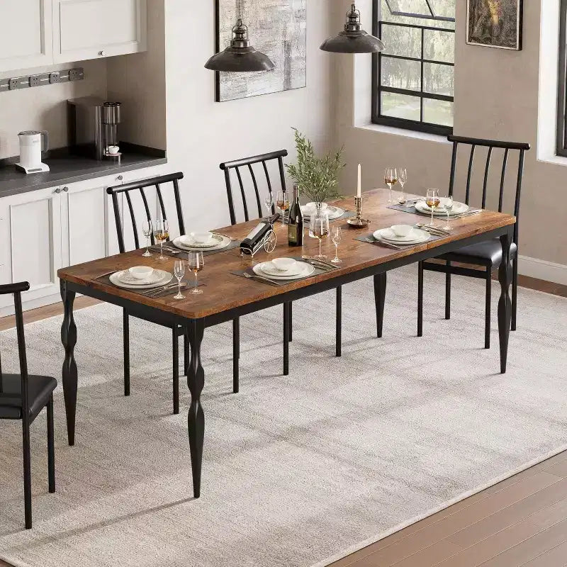 Table à manger rectangulaire rustique de 200 cm pour 6 à 8 personnes, plateau effet bois avec pieds en métal robustes, facile à nettoyer