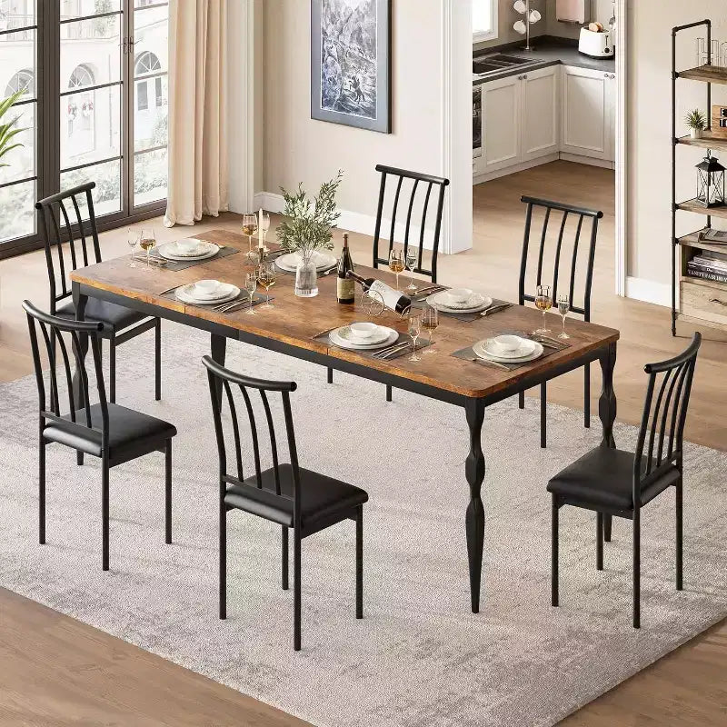 Table à manger rectangulaire rustique de 200 cm pour 6 à 8 personnes, plateau effet bois avec pieds en métal robustes, facile à nettoyer