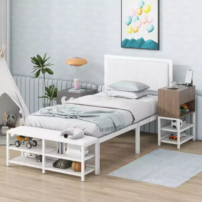 Metal Platform Bed with Two-Tier Storage Shelves and Wooden Storage Cabinet