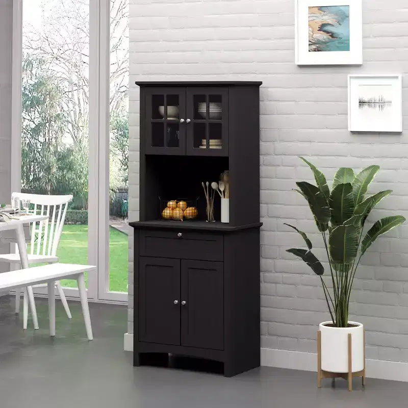 Elegant Buffet with Hutch, Kitchen Pantry Storage Cabinet with Framed Glass Door Drawer and Microwave Space