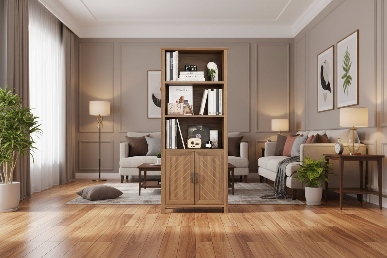 70 Inch Tall Bookshelf 5 Tier Bookcase with Barn Doors and Adjustable Shelves, Walnut Farmhouse Book Shelf with Storage Cabinet