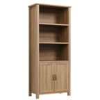 70 Inch Tall Bookshelf 5 Tier Bookcase with Barn Doors and Adjustable Shelves, Walnut Farmhouse Book Shelf with Storage Cabinet