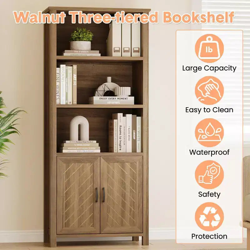 70 Inch Tall Bookshelf 5 Tier Bookcase with Barn Doors and Adjustable Shelves, Walnut Farmhouse Book Shelf with Storage Cabinet
