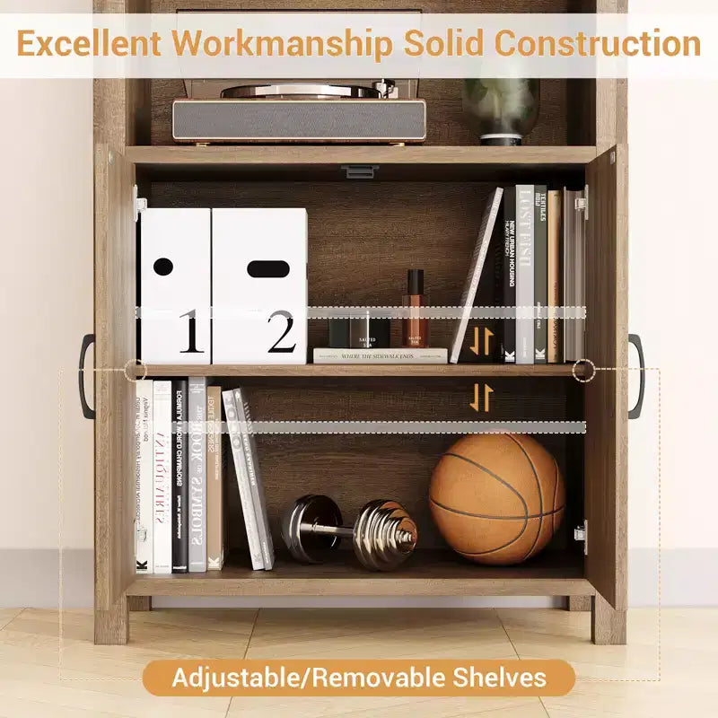 70 Inch Tall Bookshelf 5 Tier Bookcase with Barn Doors and Adjustable Shelves, Walnut Farmhouse Book Shelf with Storage Cabinet