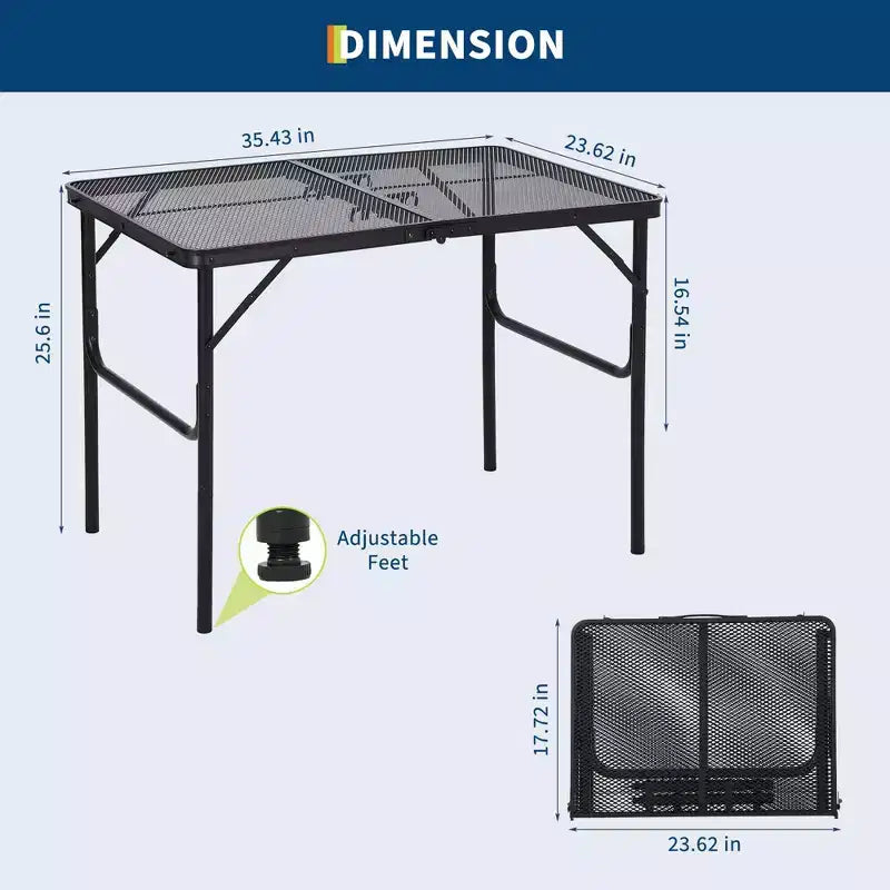 Table de grill pliant 90x60cm, table de camping portable avec plateau en maille, table de grill en métal léger réglable en hauteur pour le camping en plein air, le barbecue, le pique-nique