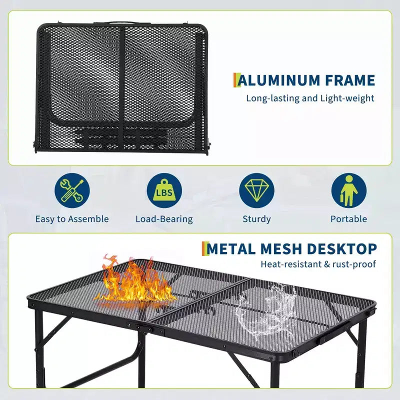 Table de grill pliant 90x60cm, table de camping portable avec plateau en maille, table de grill en métal léger réglable en hauteur pour le camping en plein air, le barbecue, le pique-nique