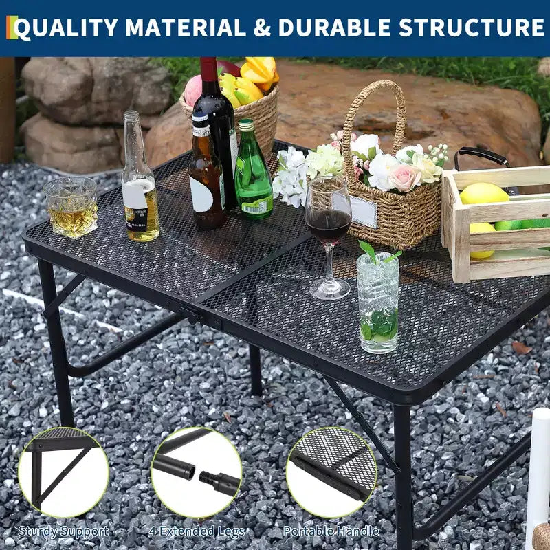 Table de grill pliant 90x60cm, table de camping portable avec plateau en maille, table de grill en métal léger réglable en hauteur pour le camping en plein air, le barbecue, le pique-nique