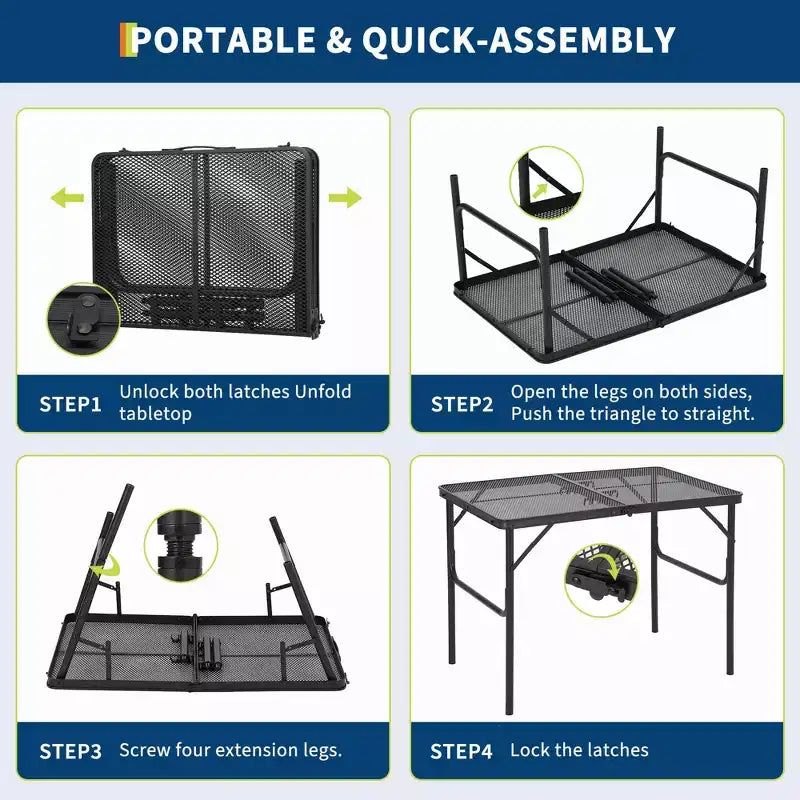 Table de grill pliant 90x60cm, table de camping portable avec plateau en maille, table de grill en métal léger réglable en hauteur pour le camping en plein air, le barbecue, le pique-nique