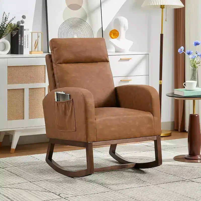 Fauteuil à bascule pour chambre d'enfant avec dossier haut et pochette latérale, fauteuil d'appoint avec pieds en bois d'hévéa pour salon/chambre
