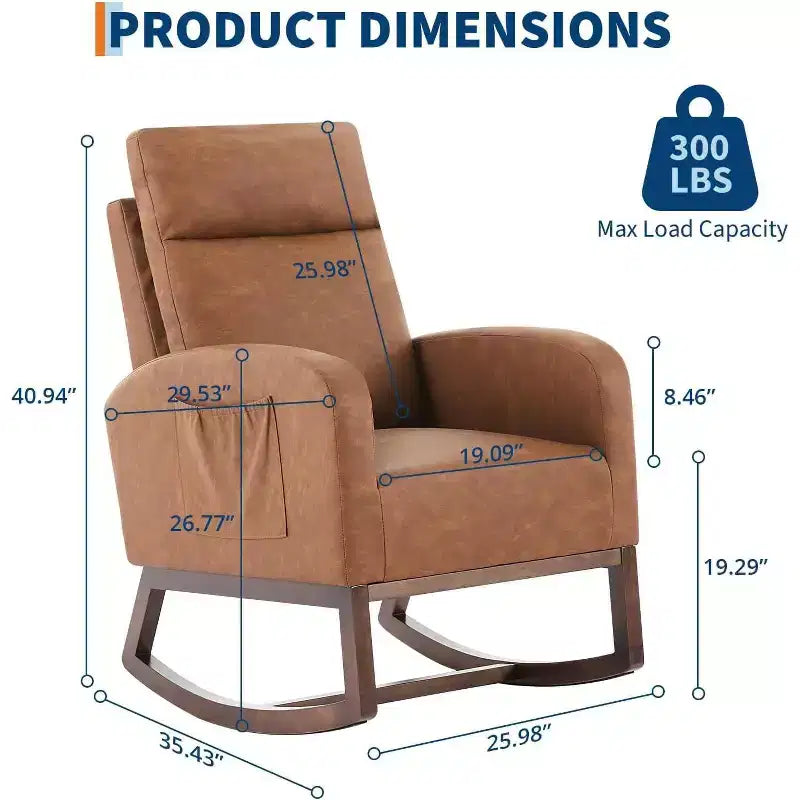 Fauteuil à bascule pour chambre d'enfant avec dossier haut et pochette latérale, fauteuil d'appoint avec pieds en bois d'hévéa pour salon/chambre