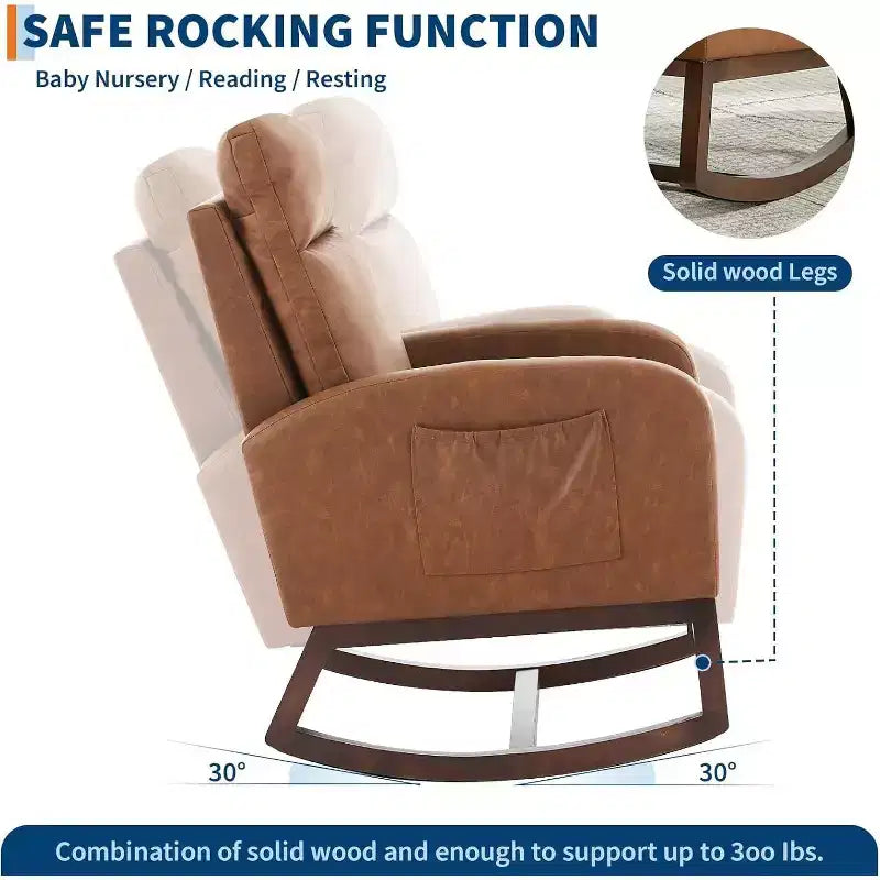 Fauteuil à bascule pour chambre d'enfant avec dossier haut et pochette latérale, fauteuil d'appoint avec pieds en bois d'hévéa pour salon/chambre