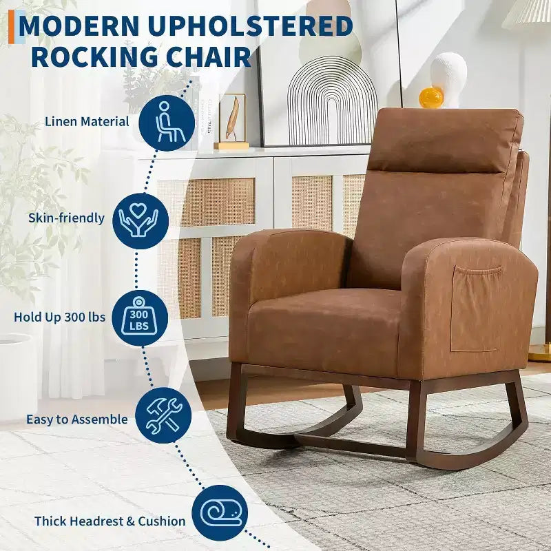 Fauteuil à bascule pour chambre d'enfant avec dossier haut et pochette latérale, fauteuil d'appoint avec pieds en bois d'hévéa pour salon/chambre