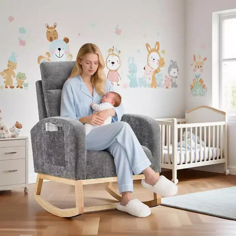 Fauteuil à bascule pour chambre d'enfant avec dossier haut et pochette latérale, fauteuil d'appoint avec pieds en bois d'hévéa pour salon/chambre