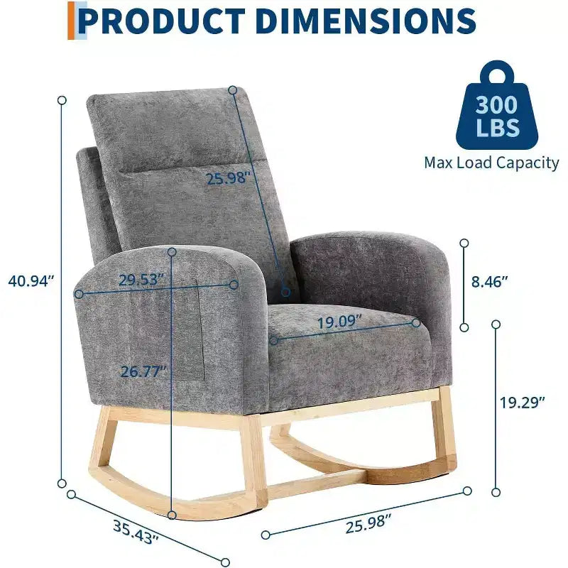 Fauteuil à bascule pour chambre d'enfant avec dossier haut et pochette latérale, fauteuil d'appoint avec pieds en bois d'hévéa pour salon/chambre