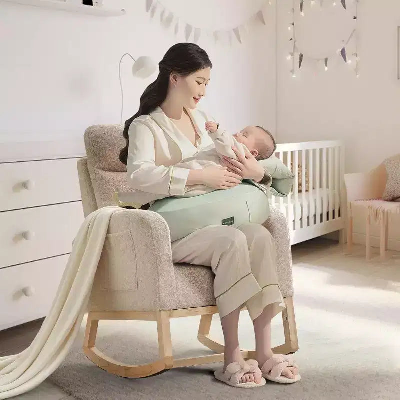 Nursery Rocking Chair with High Back and Side Pocket, Accent Armchair with Rubber Wood Legs for Living Room/Bedroom