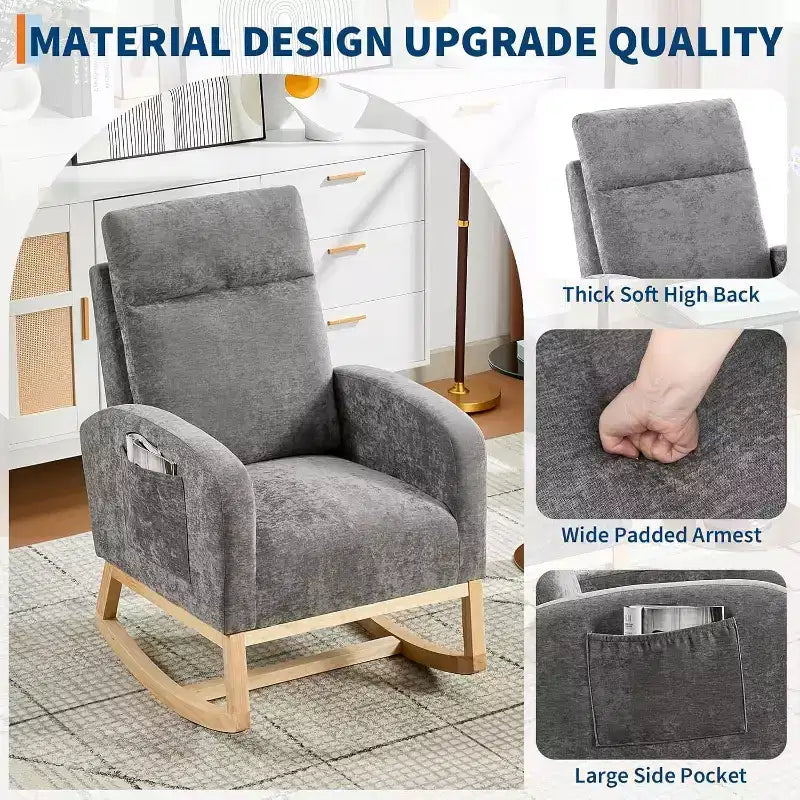 Fauteuil à bascule pour chambre d'enfant avec dossier haut et pochette latérale, fauteuil d'appoint avec pieds en bois d'hévéa pour salon/chambre