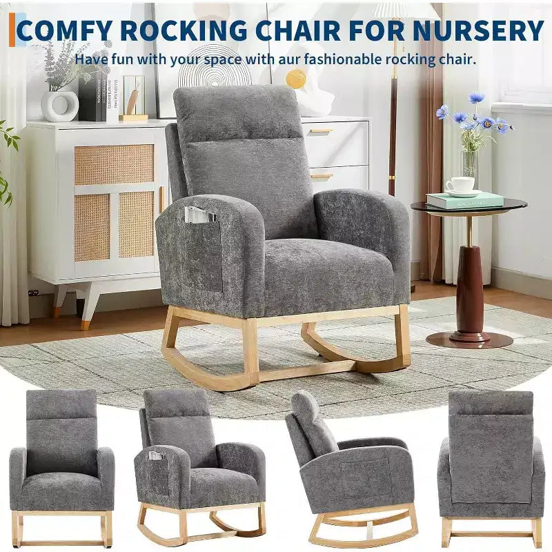 Fauteuil à bascule pour chambre d'enfant avec dossier haut et pochette latérale, fauteuil d'appoint avec pieds en bois d'hévéa pour salon/chambre