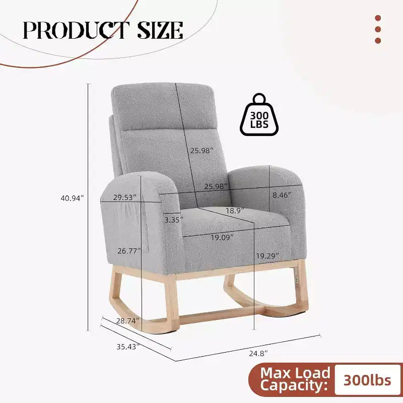 Fauteuil à bascule pour chambre d'enfant avec dossier haut et pochette latérale, fauteuil d'appoint avec pieds en bois d'hévéa pour salon/chambre