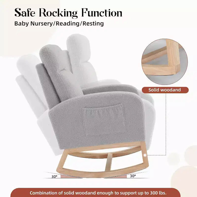 Fauteuil à bascule pour chambre d'enfant avec dossier haut et pochette latérale, fauteuil d'appoint avec pieds en bois d'hévéa pour salon/chambre