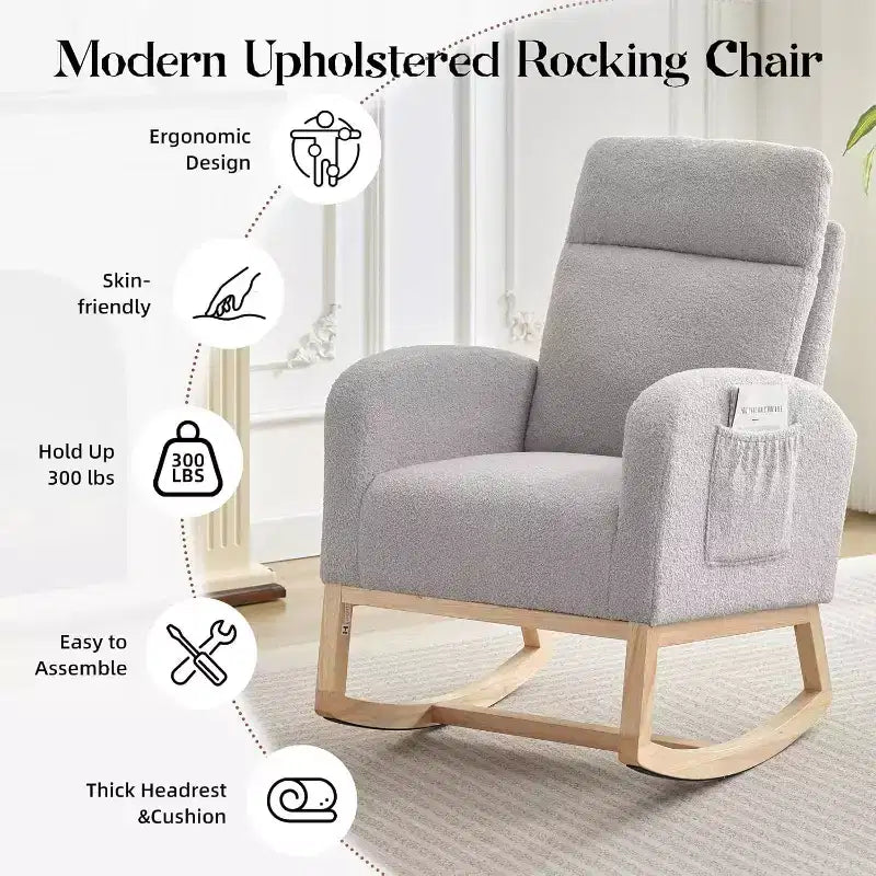 Fauteuil à bascule pour chambre d'enfant avec dossier haut et pochette latérale, fauteuil d'appoint avec pieds en bois d'hévéa pour salon/chambre