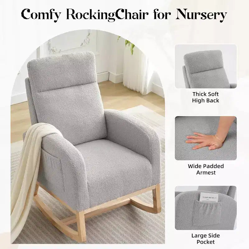 Fauteuil à bascule pour chambre d'enfant avec dossier haut et pochette latérale, fauteuil d'appoint avec pieds en bois d'hévéa pour salon/chambre