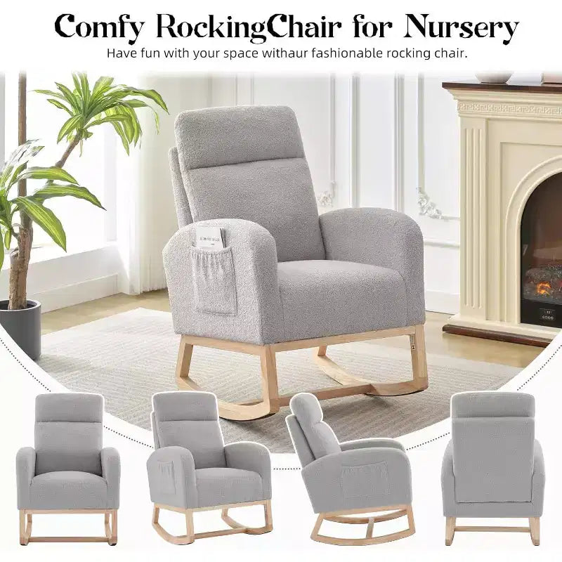 Fauteuil à bascule pour chambre d'enfant avec dossier haut et pochette latérale, fauteuil d'appoint avec pieds en bois d'hévéa pour salon/chambre