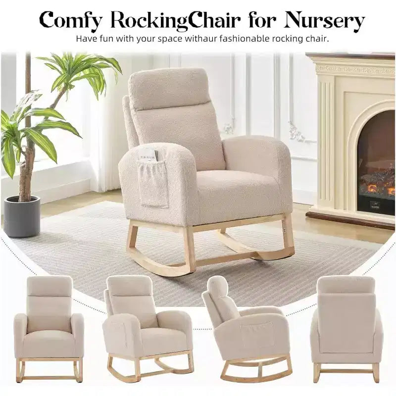 Fauteuil à bascule pour chambre d'enfant avec dossier haut et pochette latérale, fauteuil d'appoint avec pieds en bois d'hévéa pour salon/chambre