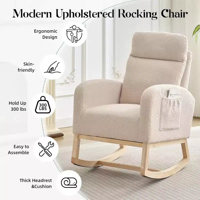 Fauteuil à bascule pour chambre d'enfant avec dossier haut et pochette latérale, fauteuil d'appoint avec pieds en bois d'hévéa pour salon/chambre