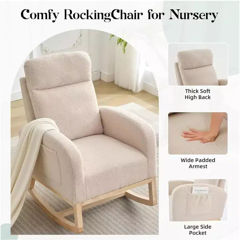 Fauteuil à bascule pour chambre d'enfant avec dossier haut et pochette latérale, fauteuil d'appoint avec pieds en bois d'hévéa pour salon/chambre