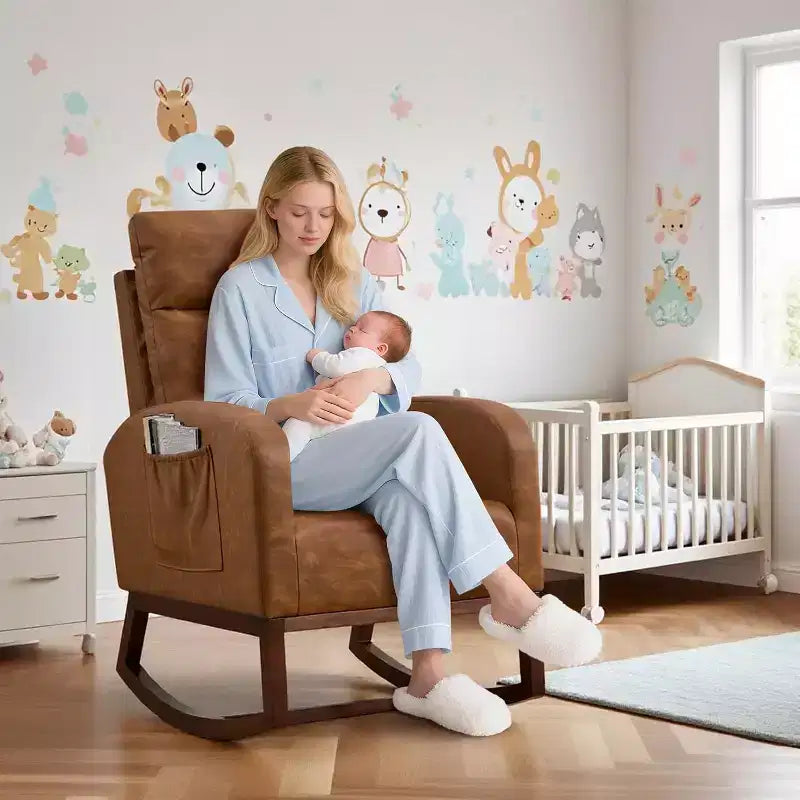 Fauteuil à bascule pour chambre d'enfant avec dossier haut et pochette latérale, fauteuil d'appoint avec pieds en bois d'hévéa pour salon/chambre