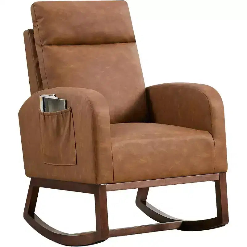 Nursery Rocking Chair with High Back and Side Pocket, Accent Armchair with Rubber Wood Legs for Living Room/Bedroom