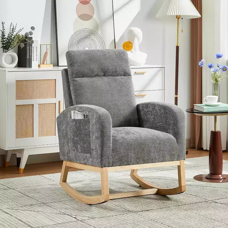 Nursery Rocking Chair with High Back and Side Pocket, Accent Armchair with Rubber Wood Legs for Living Room/Bedroom
