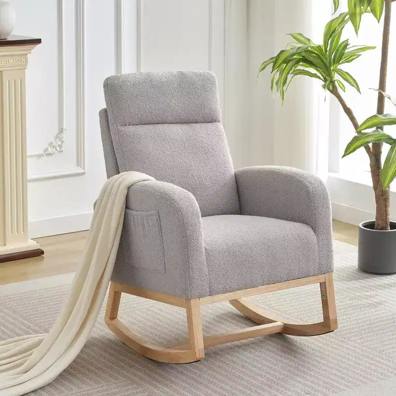 Nursery Rocking Chair with High Back and Side Pocket, Accent Armchair with Rubber Wood Legs for Living Room/Bedroom