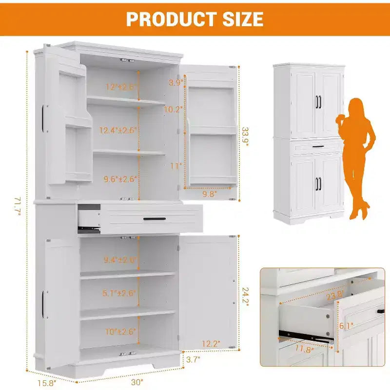 Kitchen Floor Cabinet, 72 High Freestanding Tall Cupboard Storage Cabinet with a Drawer