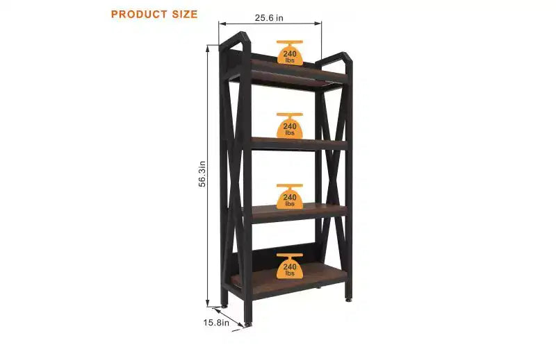 25.6" Steel and Wood 4-Tier Decorative Bookshelf, Modern Industrial Storage Rack for Living Room, Office & Kitchen, Rustic Brown