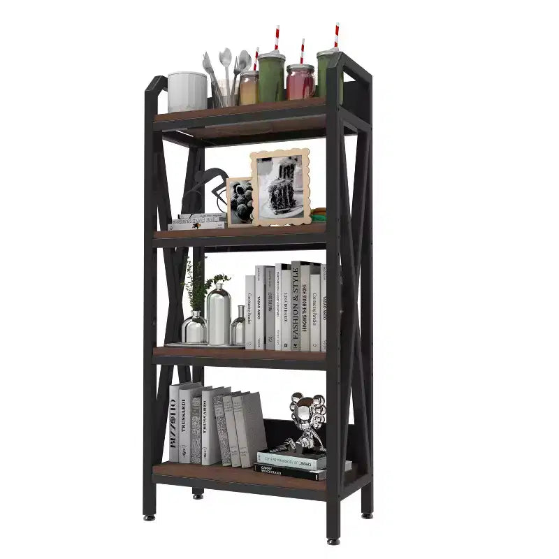 25.6" Steel and Wood 4-Tier Decorative Bookshelf, Modern Industrial Storage Rack for Living Room, Office & Kitchen, Rustic Brown