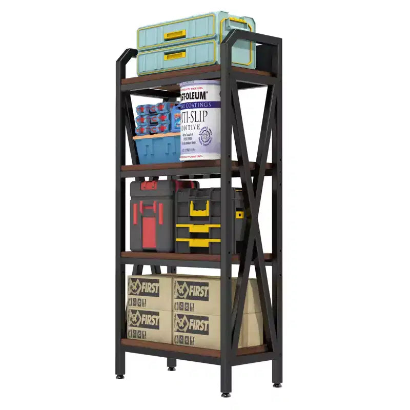 25.6" Steel and Wood 4-Tier Decorative Bookshelf, Modern Industrial Storage Rack for Living Room, Office & Kitchen, Rustic Brown