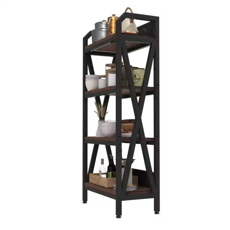 25.6" Steel and Wood 4-Tier Decorative Bookshelf, Modern Industrial Storage Rack for Living Room, Office & Kitchen, Rustic Brown