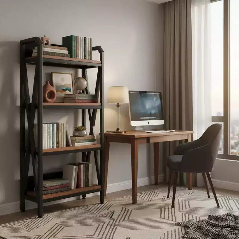 25.6" Steel and Wood 4-Tier Decorative Bookshelf, Modern Industrial Storage Rack for Living Room, Office & Kitchen, Rustic Brown