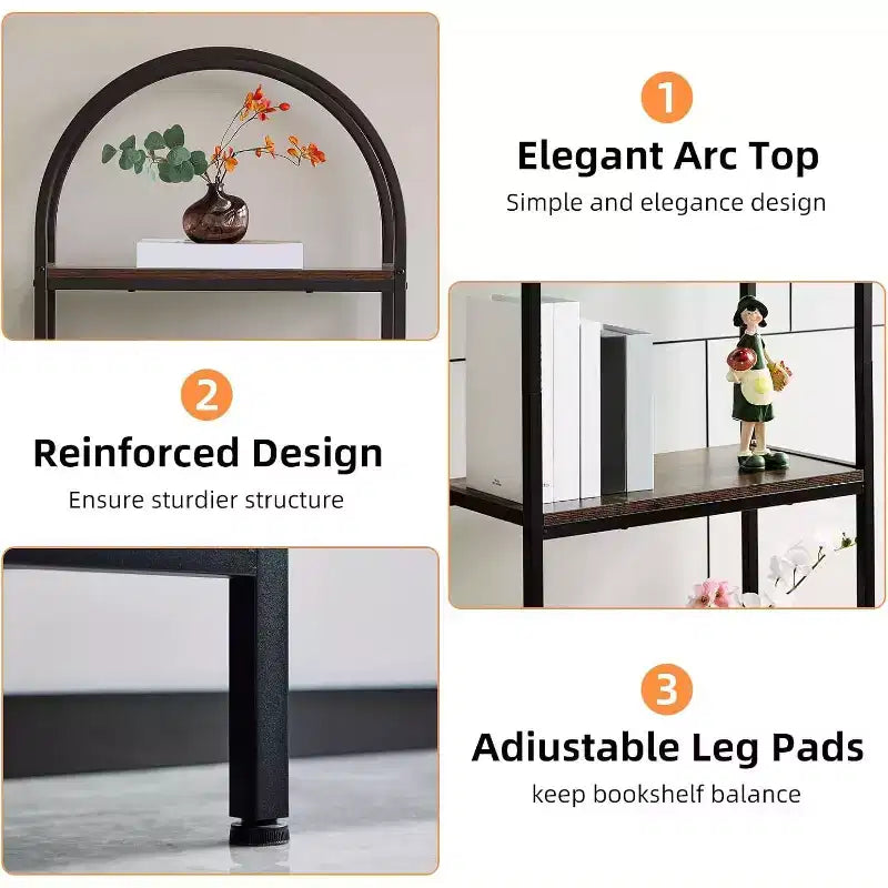 Industrial Open Book Shelves for Living Room,Bookshelf, Arched Bookshelf 4 Tier Bookcase,Display Shelving Unit Storage Rack for Bedroom/Living Room