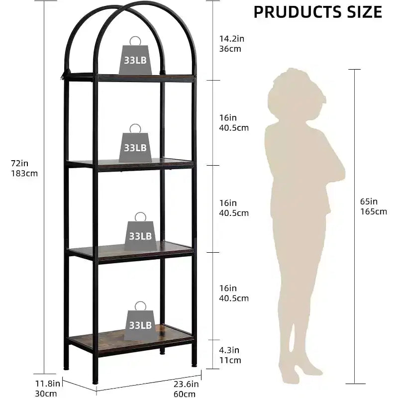 Industrial Open Book Shelves for Living Room,Bookshelf, Arched Bookshelf 4 Tier Bookcase,Display Shelving Unit Storage Rack for Bedroom/Living Room