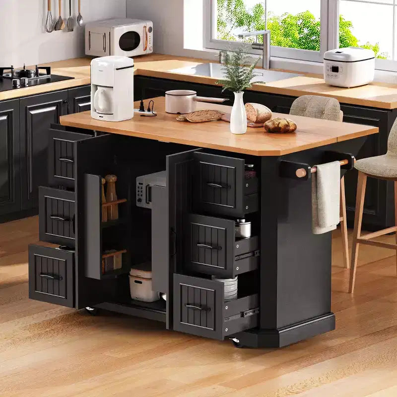 Îlot de cuisine en bois d'hévéa avec abattant et prise de courant, chariot de cuisine roulant avec roulettes et tiroirs, meuble de rangement table à manger pliante