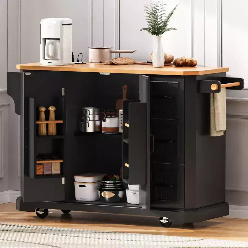 Îlot de cuisine en bois d'hévéa avec abattant et prise de courant, chariot de cuisine roulant avec roulettes et tiroirs, meuble de rangement table à manger pliante