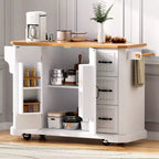 Îlot de cuisine en bois d'hévéa avec abattant et prise de courant, chariot de cuisine roulant avec roulettes et tiroirs, meuble de rangement table à manger pliante