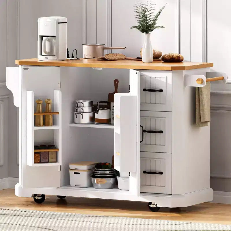 Îlot de cuisine en bois d'hévéa avec abattant et prise de courant, chariot de cuisine roulant avec roulettes et tiroirs, meuble de rangement table à manger pliante