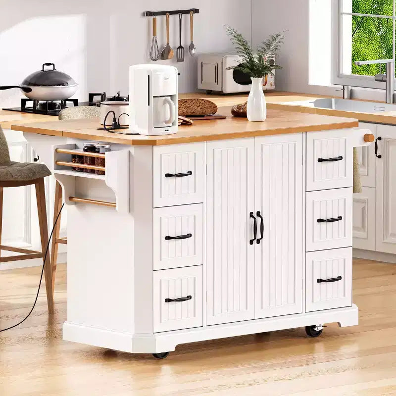 Rubber Wood Kitchen Island with Drop Leaf & Power Outlet, Rolling Kitchen Cart with Wheels & Drawers, Storage Cabinet Folding Dining Table