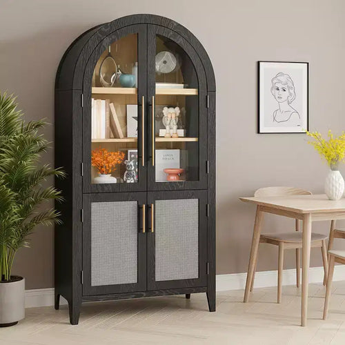 63 Armoire de rangement haute arquée 5 niveaux verre rotin porte noire